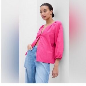 Gap‎ Pink Splitneck Button Front Blouse Puff Sleeve V-Neck Peasant Top Medium